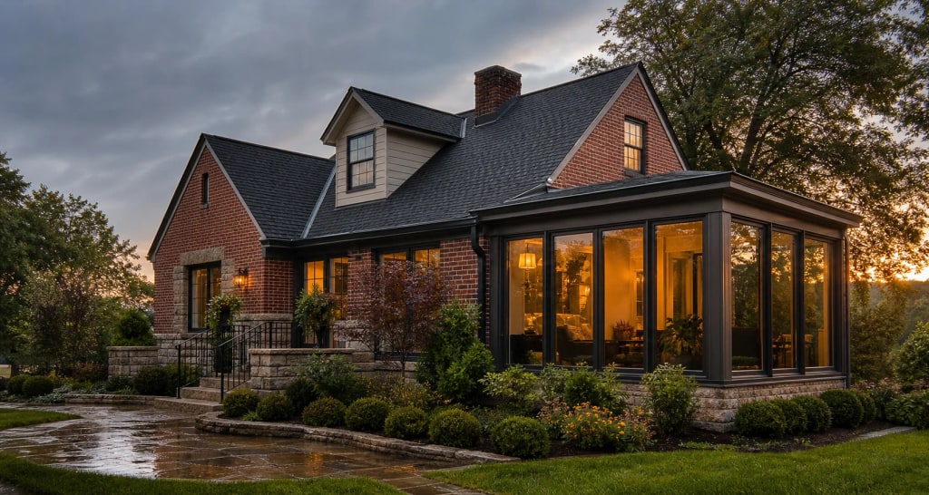 Owensboro home with a charcoal architectural shingle roof and attached sunroom