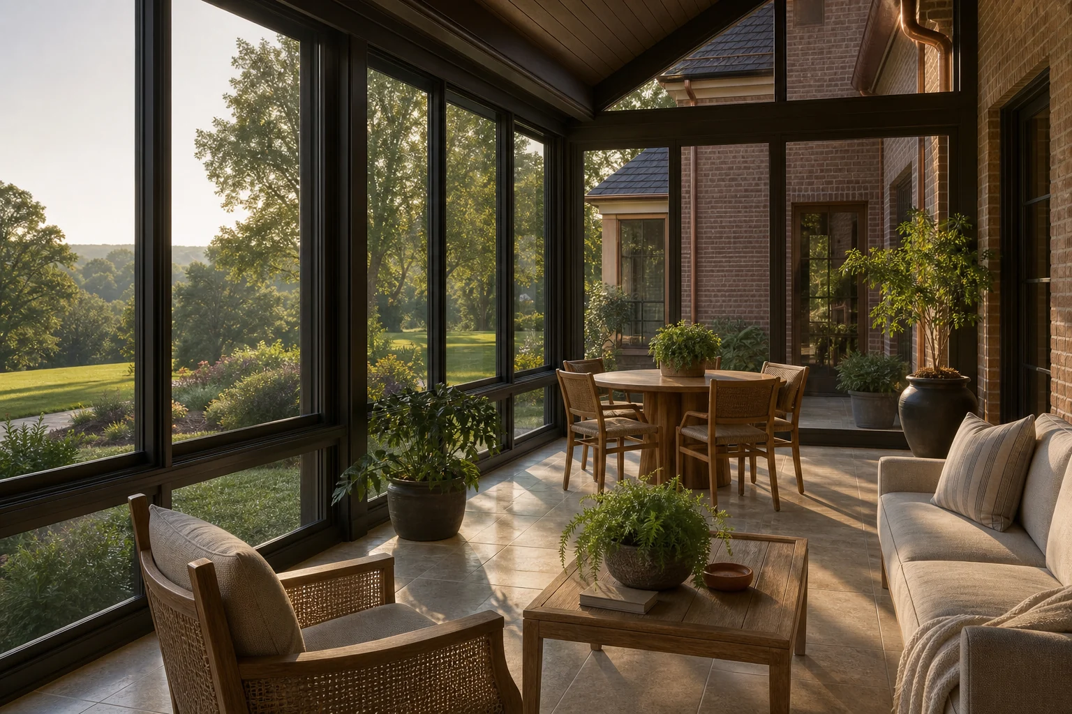 Bright, refined sunroom with large windows overlooking a green Kentucky yard