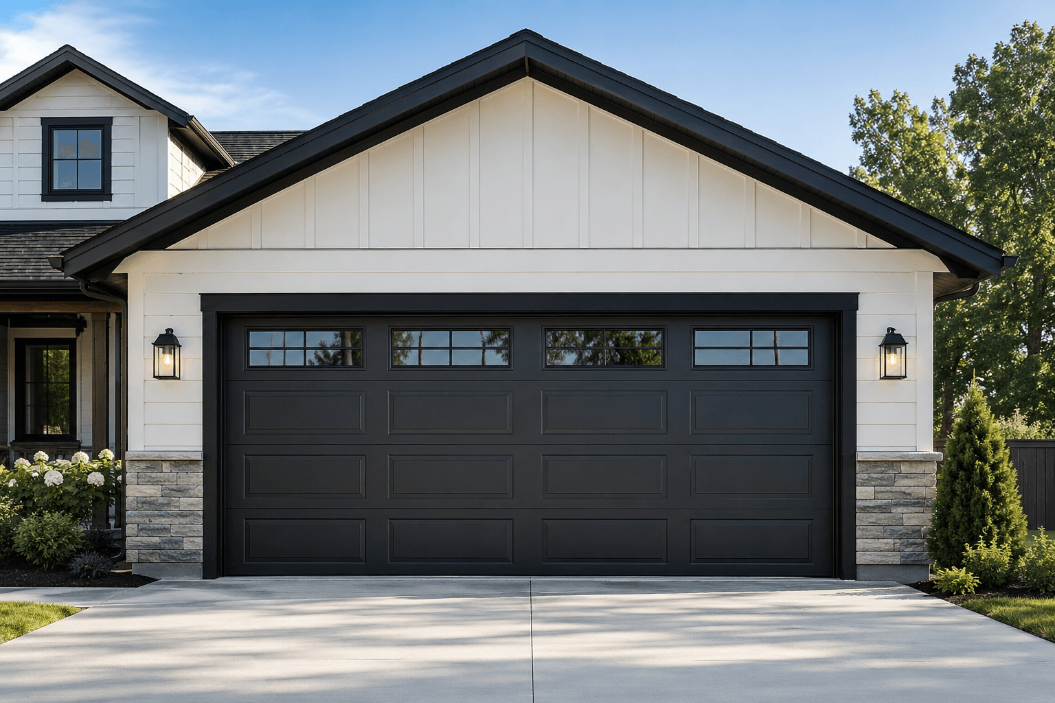 Bright detached residential garage framed by plants and a neatly kept lawn
